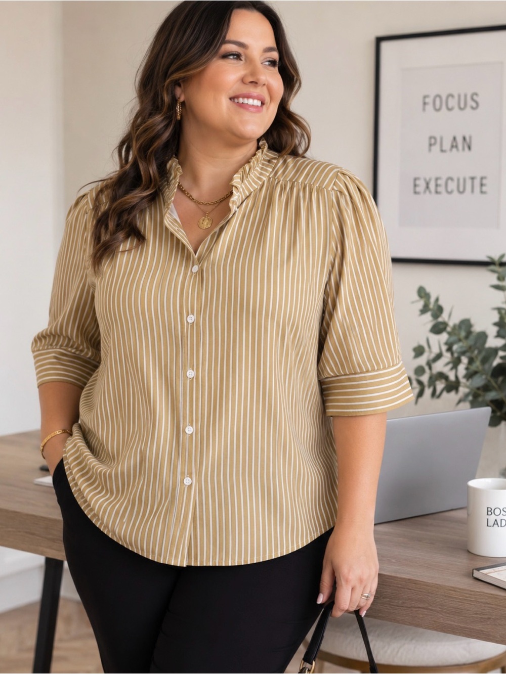 Adrienne Nina Pinstripe Top Golden White 1X Cotton Business Office Plus Size NEW